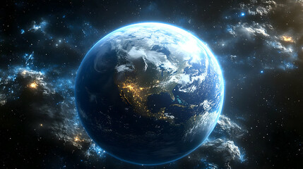 A glowing blue Earth with clouds and city lights, seen from outer space against a starry backdrop.