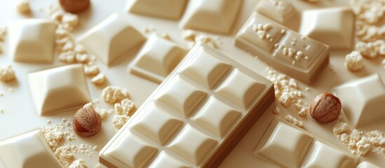 Fototapete - White chocolate with a nut textured background. with copy space image. Place for adding text or design