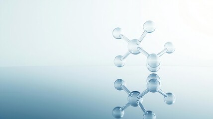 a molecular structure floating above a reflective surface, with its mirror image displayed below