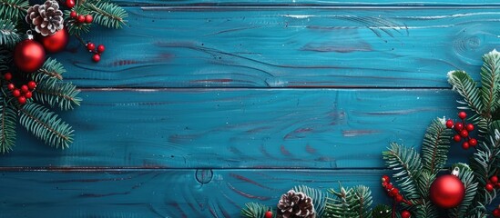 Fototapete - Snowflakes alongside a card invitation and envelope on a blue background Christmas and New Year tree ornaments and decorations. with copy space image. Place for adding text or design
