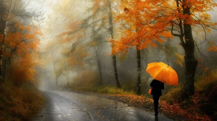 Canvas Print - A person holding an umbrella walks along the path