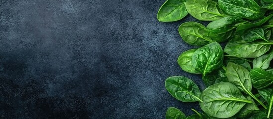 Poster - Spinach healthy salad mixed leaves vitamins nutritious food menu idea Food backdrop Copy space Top view