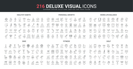 Wall Mural - Healthy habit and food, work life balance of person, golf equipment line icon set. Yoga and meditation for mindset wellbeing, sport in gym, development thin black outline symbols vector illustration