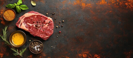 Aufkleber - Raw rib eye beef steak with spices and cooking ingredients on a dark rusty background with copy space and top view
