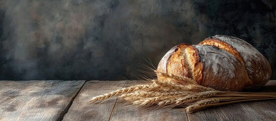 Leinwandbilder - Rustic bread and wheat on an aged vintage wooden table Dark moody backdrop with available text space. with copy space image. Place for adding text or design