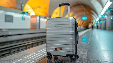 Wall Mural - A silver suitcase awaits on a subway platform in an urban transit station, travel advertise, tourism advertising, copy space for text, tour advert