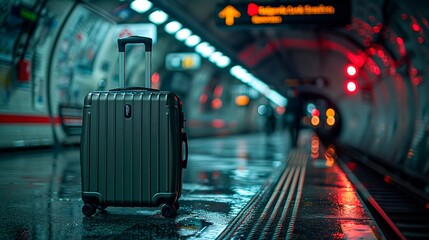 A solitary suitcase waits on a wet subway platform at night, travel advertise, tourism advertising, copy space for text, tour advert