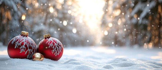 Fototapete - Beautiful Christmas ornaments set against a snowy forest designed for a banner Space for text. with copy space image. Place for adding text or design