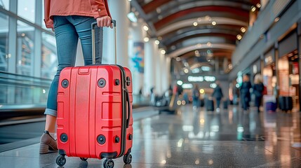 Woman waiting at airport terminal with red luggage during travel, travel advertise, tourism advertising, copy space for text, tour advert