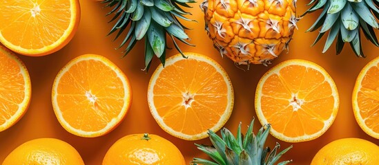 Wall Mural - golden pineapple on an orange background viewed from above with space for text creative concept. wit