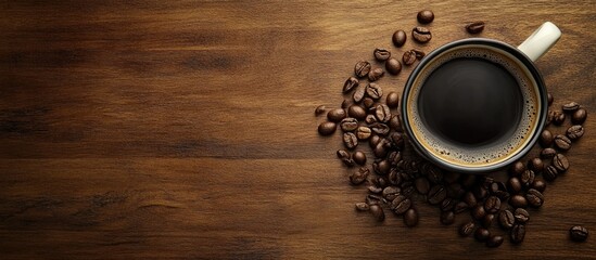 Fototapete - Black coffee made with freshly roasted coffee beans on a wooden surface Vietnamese style copy space