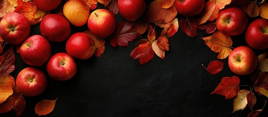 Leinwandbilder - apples and fall leaves on a black background. with copy space image. Place for adding text or design