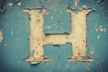 Weathered blue metal surface with a white letter H.