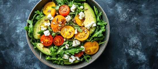 Leinwandbilder - Avocado salad featuring yellow tomatoes feta cheese arugula and sunflower seeds Top view with copyspace Healthy eating