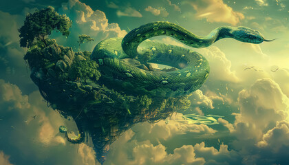 Wall Mural - A green snake is flying through the sky above a city