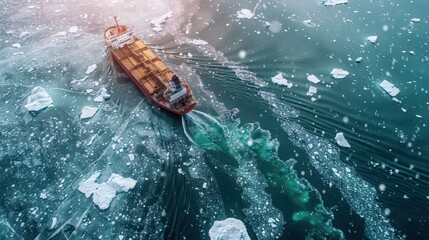 Sticker - Show a cargo ship navigating through icy waters, with icebergs floating nearby and the vessel plowing through the frozen sea