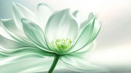 Close-up of  elegant white lotus flower with soft green accents, calming and serene atmosphere in interior design, wall art, spa decor, and wellness center posters.