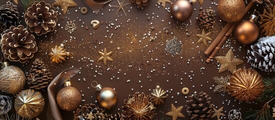 Wall Mural - Christmas arrangement Golden decorations on a light background Top view flat lay. with copy space image. Place for adding text or design