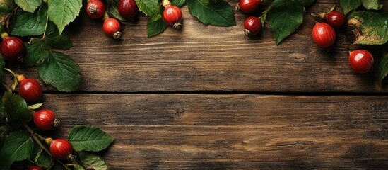 Poster - Ripe rose hip berries alongside green leaves on a wooden table arranged in a flat lay Room for text. with copy space image. Place for adding text or design