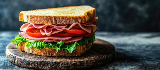 Leinwandbilder - A ham tomato and lettuce sandwich on a slab plate against a rustic backdrop. with copy space image. Place for adding text or design