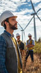 Men at Wind Farm with Turbines