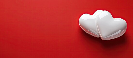 Poster - two white hearts against a red background. with copy space image. Place for adding text or design
