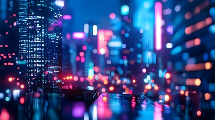 Wall Mural - Mesmerizing Nighttime Cityscape with Glowing Skyscrapers and Blurred Traffic Lights