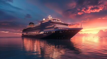 Sticker - Show a cruise ship at dawn, with the first light of day illuminating the vessel and passengers starting their day with a serene sunrise view