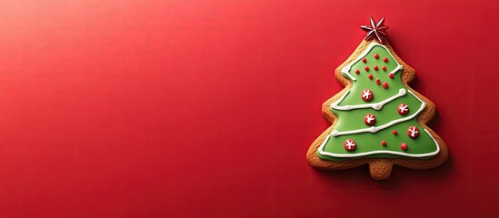 Aufkleber - Gingerbread cookie shaped like a green Christmas tree on a red background Classic Christmas treat Concept of Christmas and New Year celebrations Copyspace
