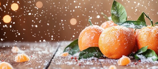 Aufkleber - Fresh ripe tangerines with leaves and sprinkles A wooden background decorated with artificial snow for New Year or Christmas Festive spirit concept copyspace close up