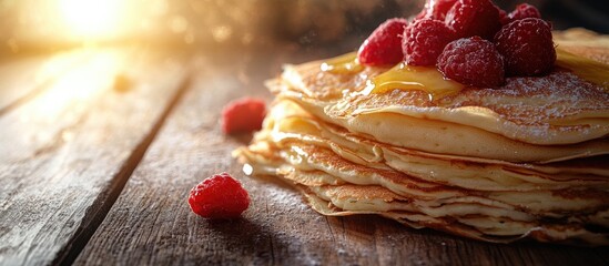 Aufkleber - A closeup of a stack of tasty crepes with melting butter on a wooden table. with copy space image. Place for adding text or design