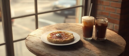Aufkleber - A simple breakfast and a cold drink on a wooden table beside a glass door sausage pie on a round white plate with an iced chocolate beverage. with copy space image. Place for adding text or design