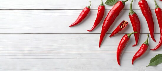 Aufkleber - red hot chilies on a white wooden tabletop background. with copy space image. Place for adding text or design
