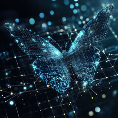 futuristic network of Digital and business transformation connected by squares to a butterfly shown from low Angle with side-lighting 