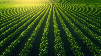 Lush green farmland with vibrant rows of crops under warm sunlight.