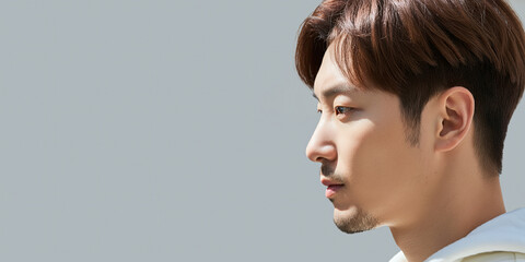 Close-up side profile of an Asian man, side view.