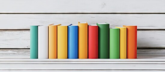 Wall Mural - open hardback books in various colors are placed on a wooden table against a white background back t