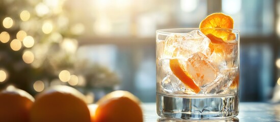 Fototapete - Close up of a cocktail glass filled with ice and tangerines set against a blurred interior background. with copy space image. Place for adding text or design