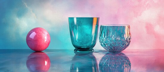 Leinwandbilder - Green and blue glassware alongside a vibrant pink ball on a textured background with reflection. with copy space image. Place for adding text or design