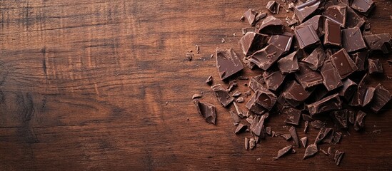 Leinwandbilder - Chopped dark chocolate and chocolate shavings on a wooden table. with copy space image. Place for adding text or design