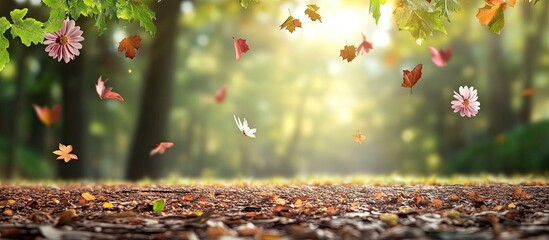 Wall Mural - Copy Space with falling leaves and flowers on rough ground blurred background