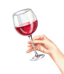 Watercolor hand holding glass of red wine simple sketch illustration on white background. DIY elements for bar menu, social media, collages and posters