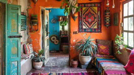 entryway features colorful textiles, eclectic decor pieces, and natural materials, offering a vibrant and artistic space.