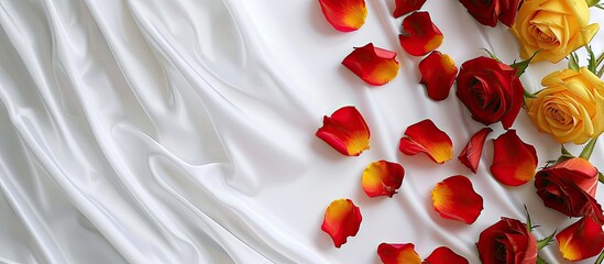 Aufkleber - Yellow roses on red satin against a white background with copy space