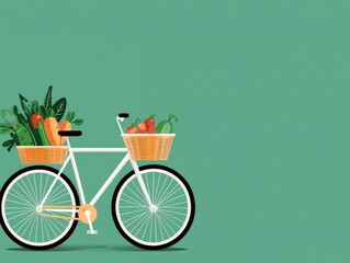 bicycle with a basket of groceries, zero-emission lifestyle, flat design illustration