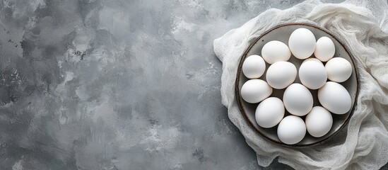Leinwandbilder - Fresh white eggs on a gray background Top view A rural still life featuring natural organic healthy food with available space. with copy space image. Place for adding text or design