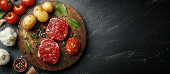 Aufkleber - Raw meat two types of spiced pickled meat medallions on a circular wooden board on the table accompanied by garlic bay leaves potatoes and tomatoes cooking idea copyspace