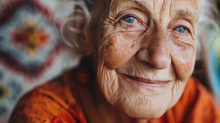 Poster - A close-up portrait of an elderly woman smiling warmly, showcasing her expressive features and bright blue eyes.