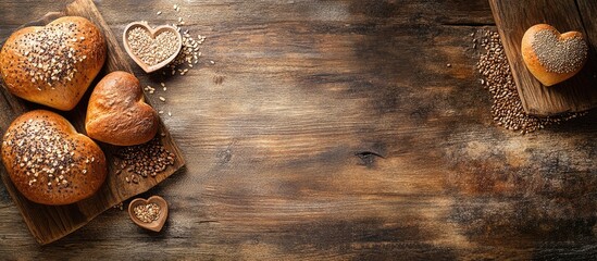 Leinwandbilder - Background featuring heart shaped buns grains and seeds on rustic wooden boards with ample copy space