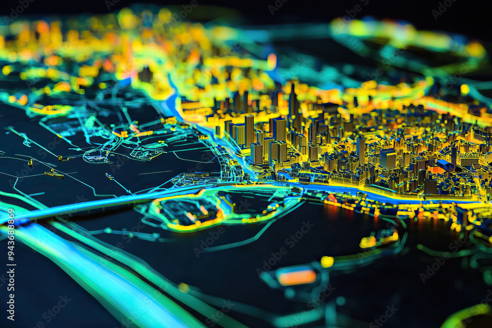 Technical aerial visual, 3D LiDAR GIS aerial map satellite scan model ...
